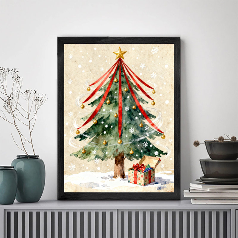 Arbre de Noël noir encadré noir avec cadeaux emballés, impressions encadrées de style rétro, H 11 po x l 9 po