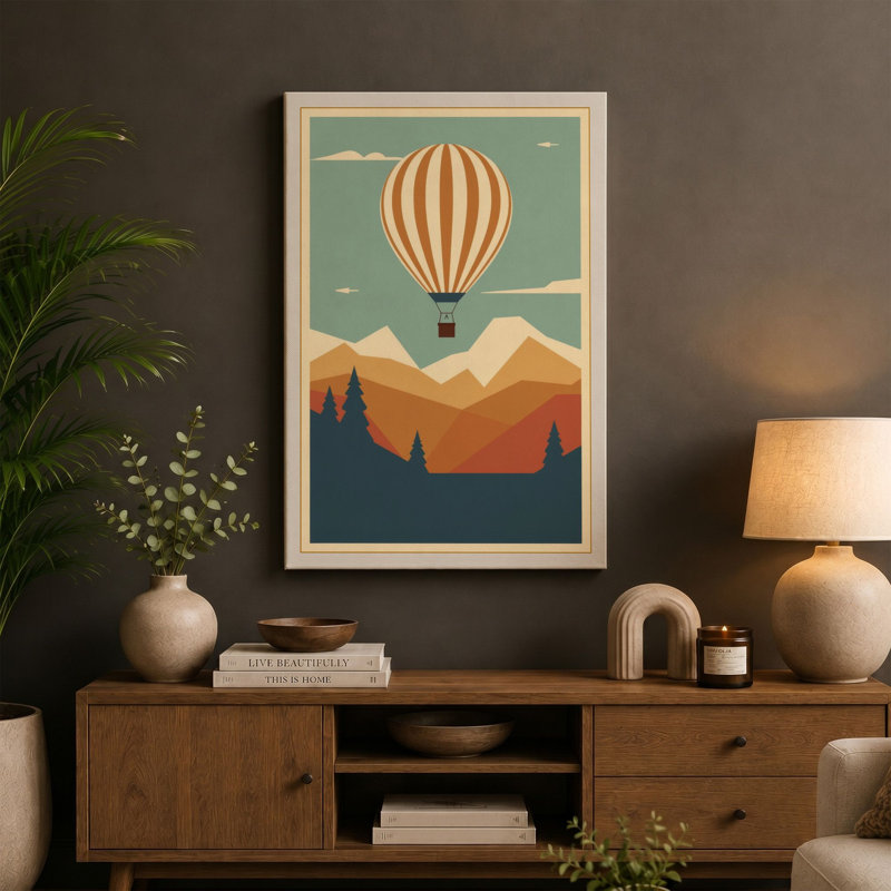 Balloon Over Mountains Mid-Century - Wrapped Canvas, 18x12 - 45.7 x 30.5 cm, Sage Border