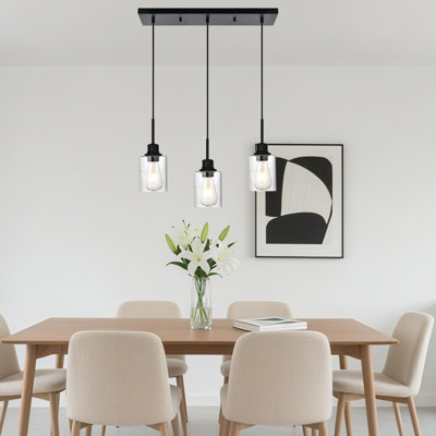 Luminaire suspendu linéaire noir mat à 3 lumières, lustre en verre bullé de style campagnard, plafonnier suspendu entièrement réglable pour table de salle à manger bar