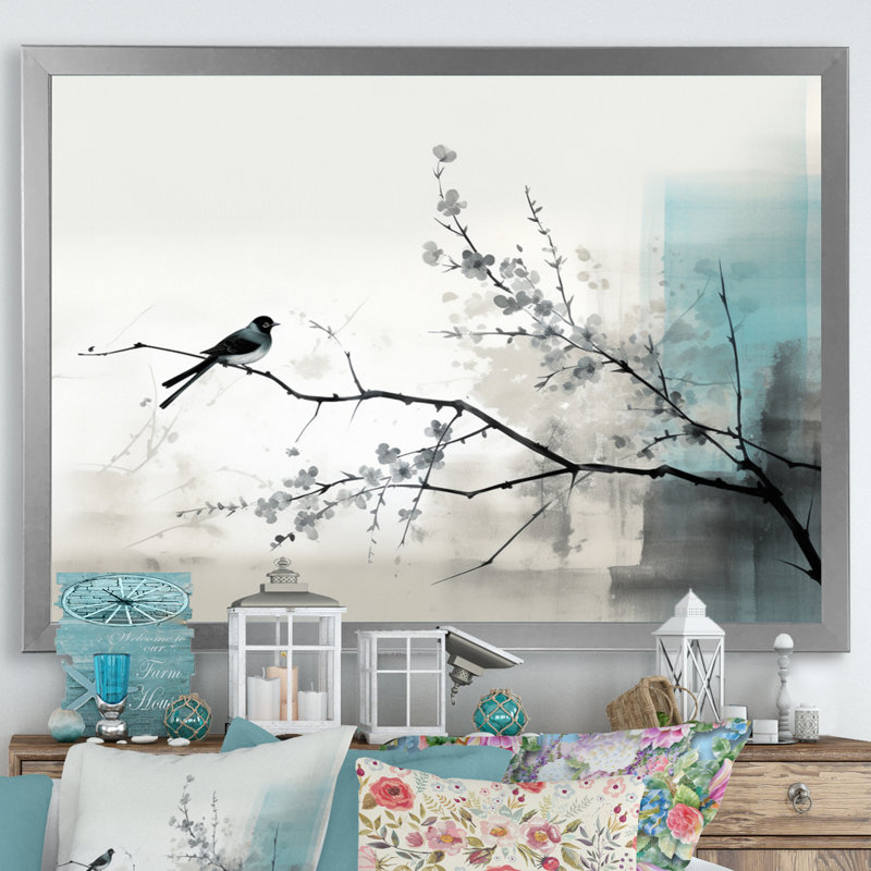 «Asian Art Sumi Bird Serenity», reproduction d'art sur toile encadrée, H 16 po x l 32 po x P 1 po, Cadre photo argenté