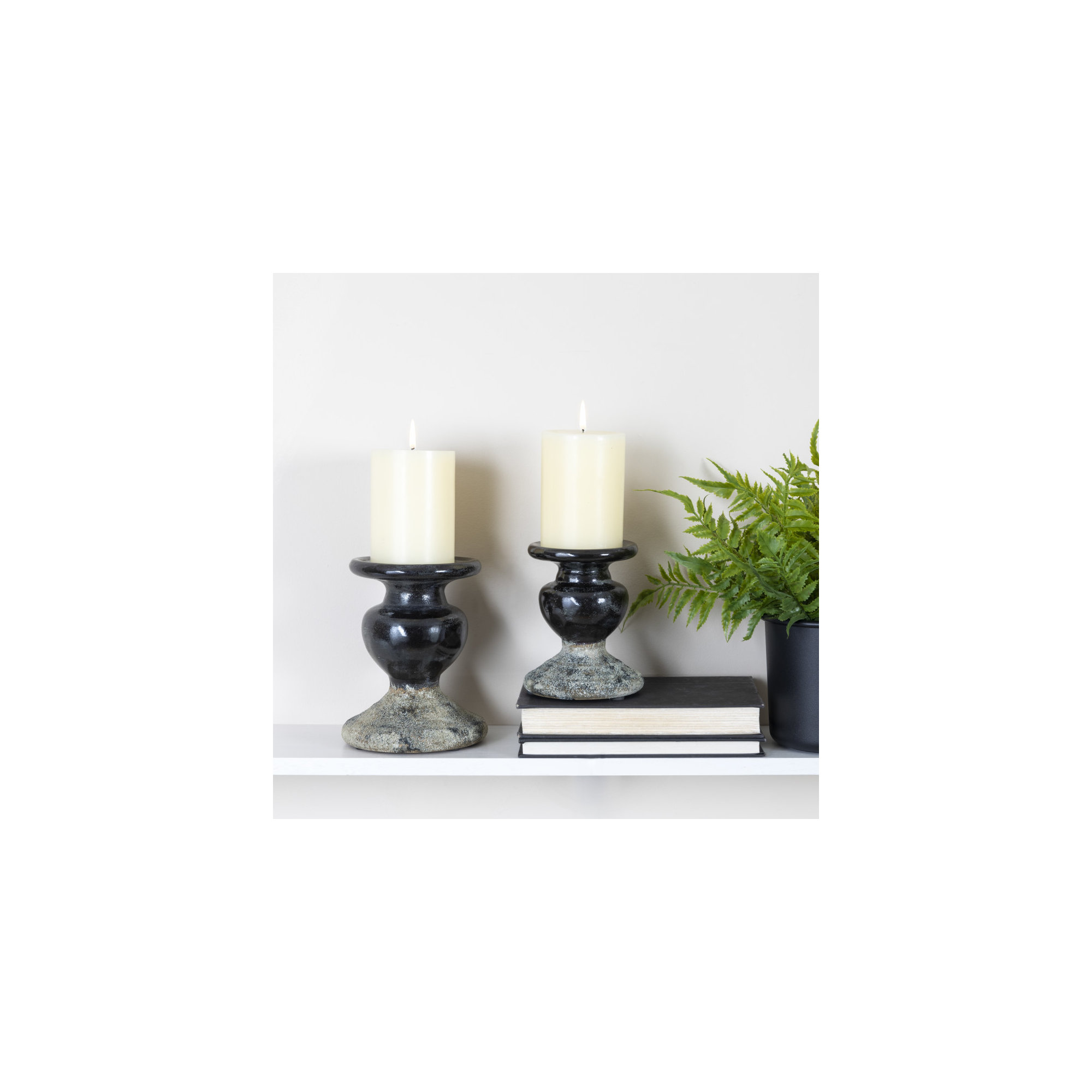 Waikiki Earthenware Tabletop Candlestick, 5.3" H x 4.5" W x x 4.5" D, Black/ Distressed Gray