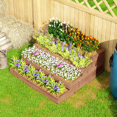 4-Tier Raised Bed, Wooden Planter Box with Liner, Dark Brown