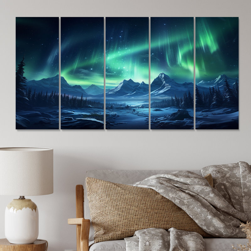 Northern Lights II - Aurora Borealis Wall Art Living Room - 5 panneaux égaux