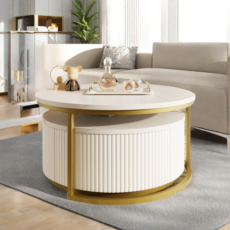 Round Nesting Colton Coffee Table With Fluted Design And 1 Drawer, White