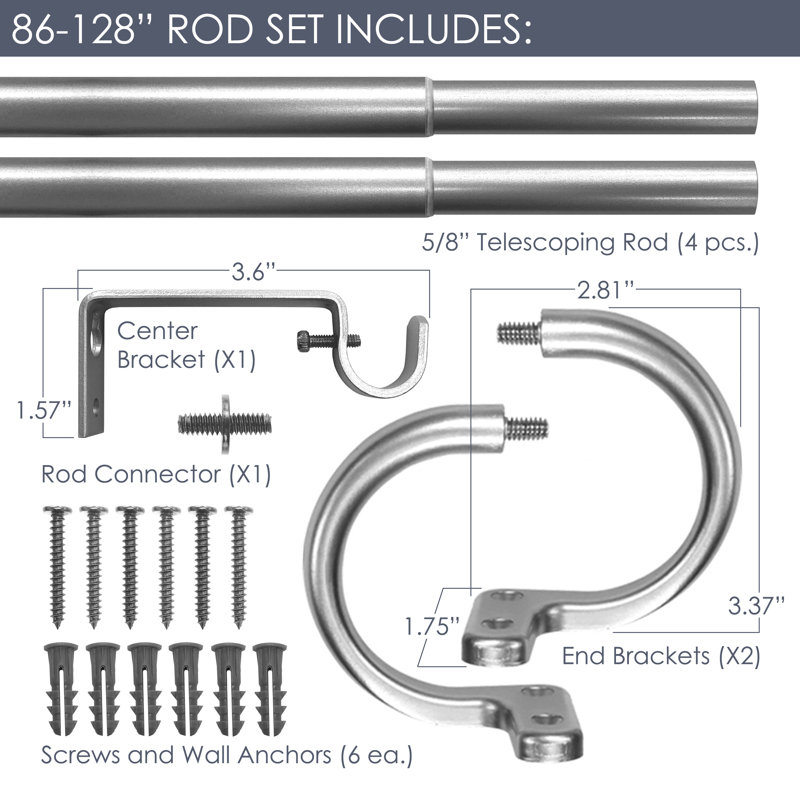 Tringle à rideaux simple réglable en métal Justi, Argent argent, H 2,5 po x l 128 po x P 3,5 po