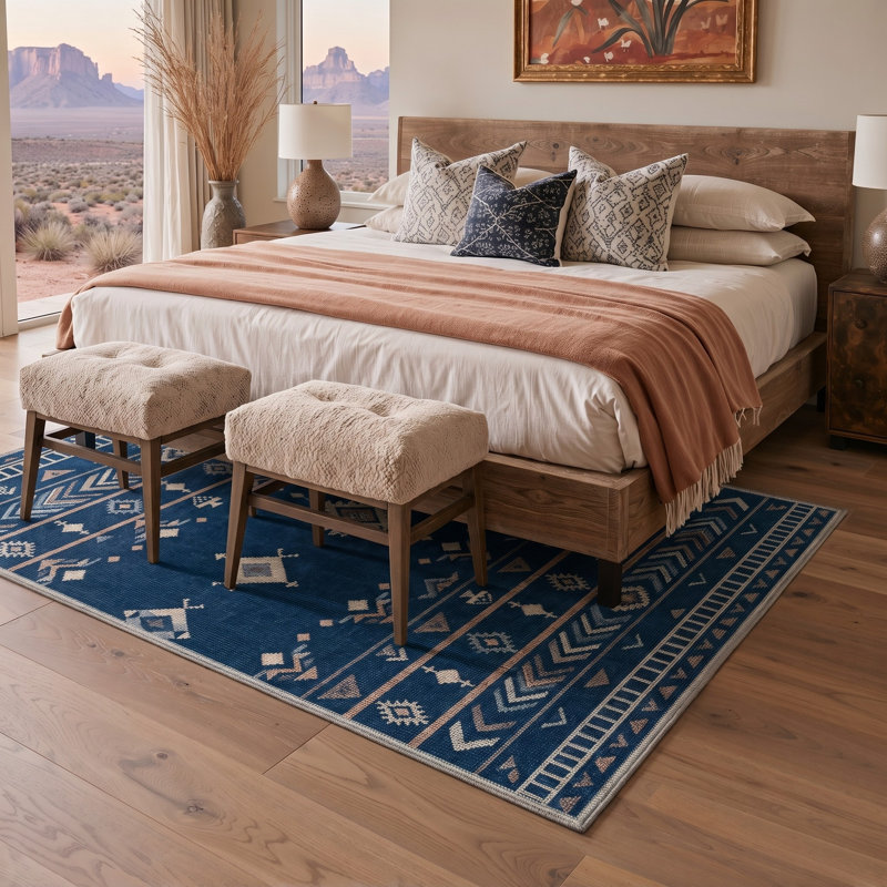 Tapis bleu marine / ivoire lavable à la machine avec envers antidérapant, Rectangle 9 pi x 12 pi