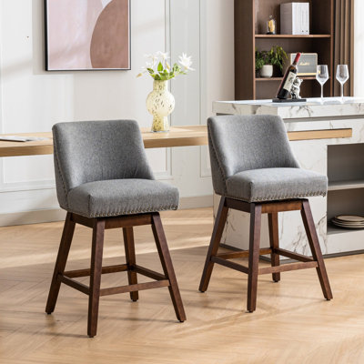 Counter Height Swivel Of 2, 26'' Seat Height. Gray Upholstered With 360-degree Feature. Soft Foam And Steel Spring Filler For Extended Use. Curved Back Support. Made Rubber Wood. Dining Room Chairs.