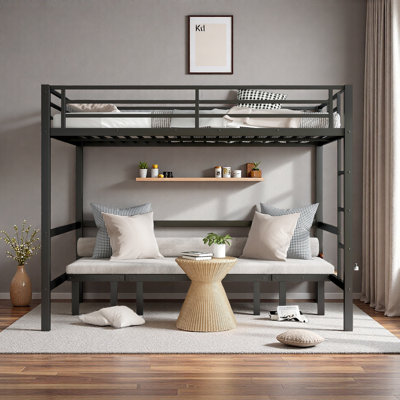 Queen Over Queen Size Pull-Out Metal Bunk Bed, Lower Bunk Can Be Pulled Out In Three Sections, Top Bunk Equipped With Safety Rails