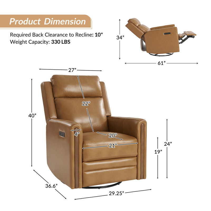 Regazzi Top Grain Leather Swivel Power Recliner, Camel