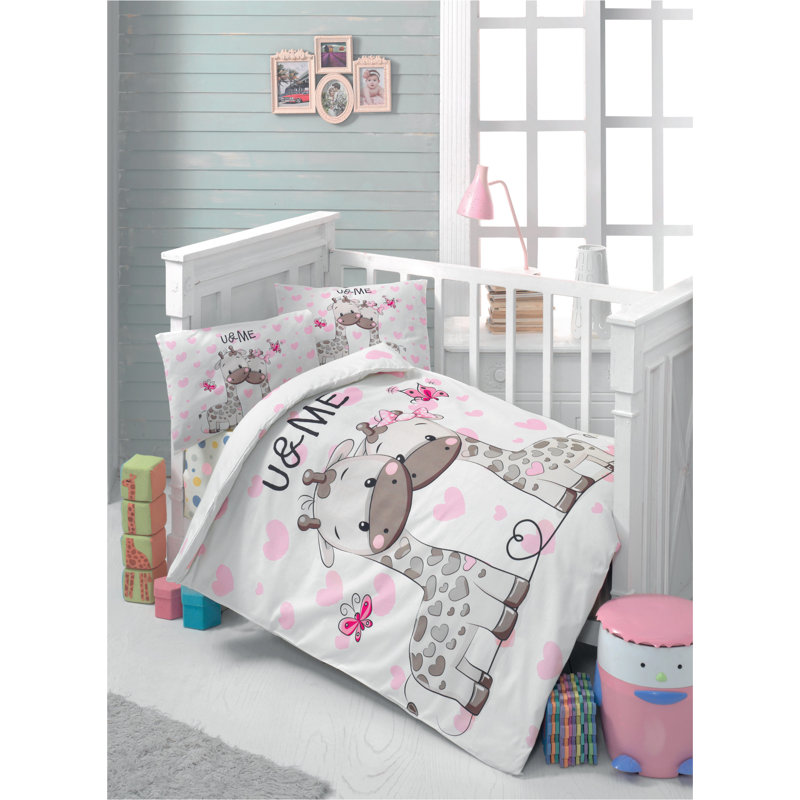 Ensemble de housse de couette 100% coton Ranforce Baby, housse de couette et drap plat: 39,4 po x 59,1 po | 2 taies d'oreiller: 13,8 po x 17,7 po | Blanc doux, rose, beige et noir, lavable à la machine, conception élégante pour chambre de bébé