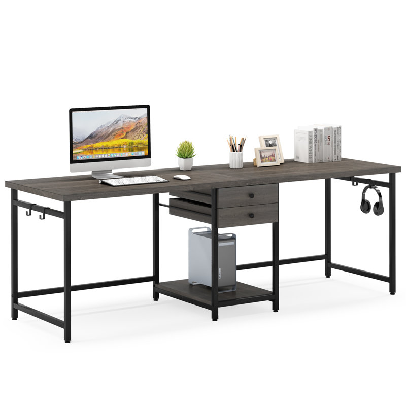 Rushali 200 cm W two-person office desk, Rustic Brown, Black