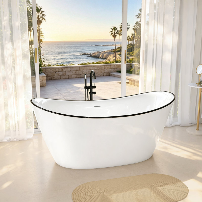 Baignoire autoportante moderne en acrylique 63 po x 31 po, baignoire à garniture noire avec dossier double incliné, capacité de 56 gallons et ensemble de bonde