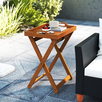 Table-plateau d'extérieur en bois avec plateau de service amovible et cadre pliable pour porche