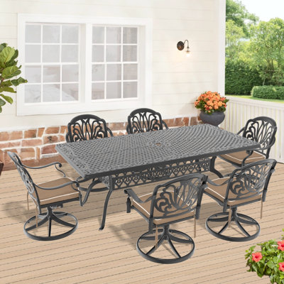 Ensemble de salle à manger 7 pièces en fonte d'aluminium avec 6 chaises pivotantes, table rectangulaire et structure noire