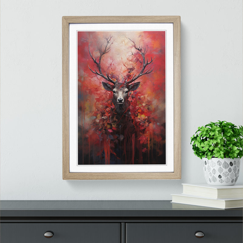 Stag Contemporary - Single Picture Frame Print on Wood, Oak, 64cm H x 46cm W x 2cm D