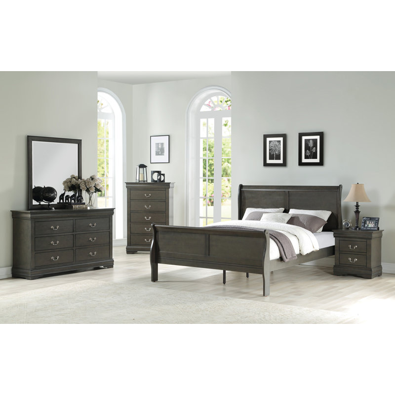 57" W Double Dresser Bedroom Dresser 6 Drawer Dresser Wood Dresser (Mirror Not Included), Dark Gray