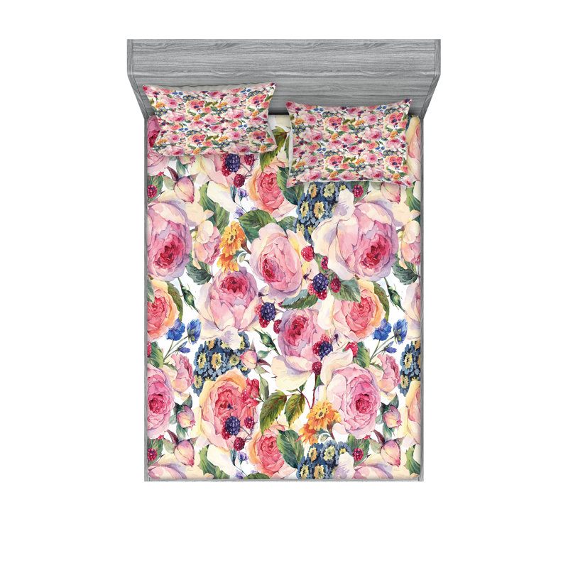 Ambesonne Flowers Fitted Sheet & Pillow Sham, Multicolor, Full Sheet Set + 5 Additional pieces