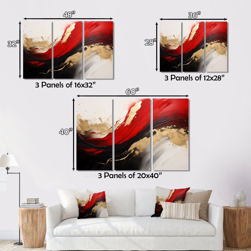 Midnight Passion Abstract Wave Scarlet & Gold II - Abstract Wall Decor Set, H 28 po x l 36 po x P 1 po