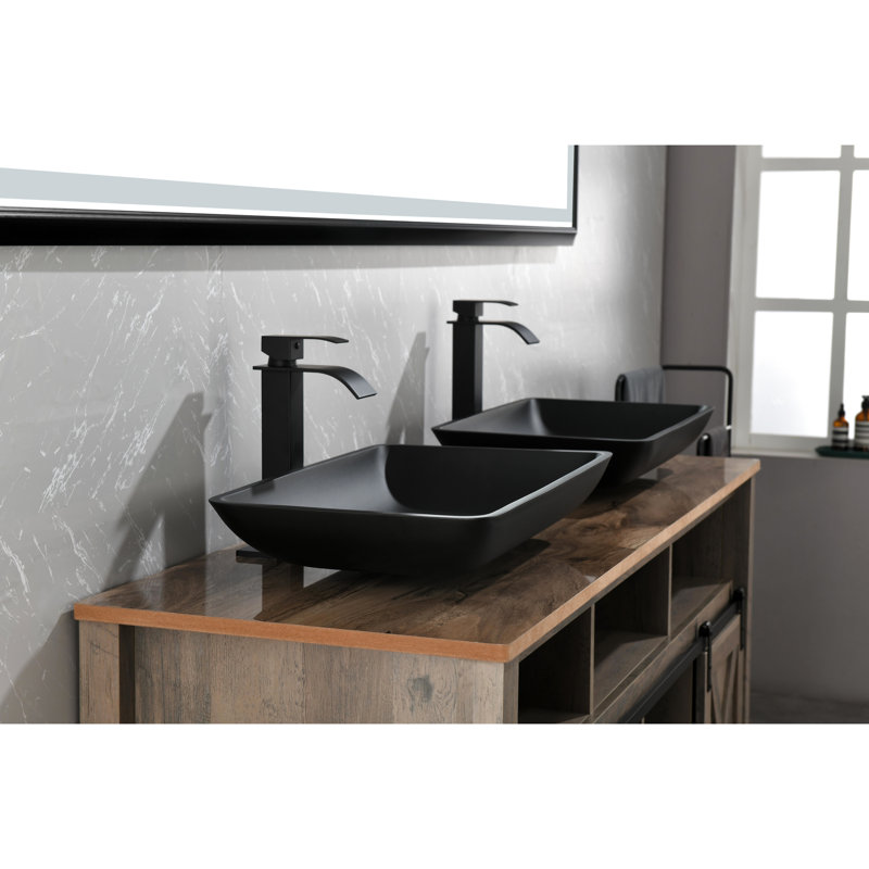 Lavabo de salle de bain rectangulaire noir mat - L 14,38 po x l 22,25 po H 4-3 / 8 po, verre tendance et robinet H 4,05 po