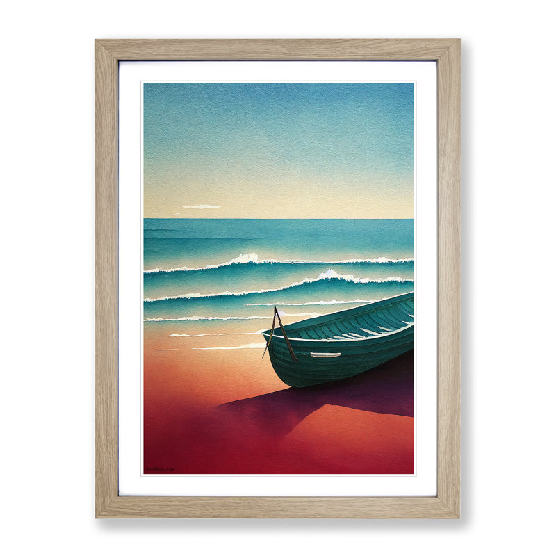Boat on a Sandy Beach - Wall Art, 48cm H x 36cm W, Oak Framed, White