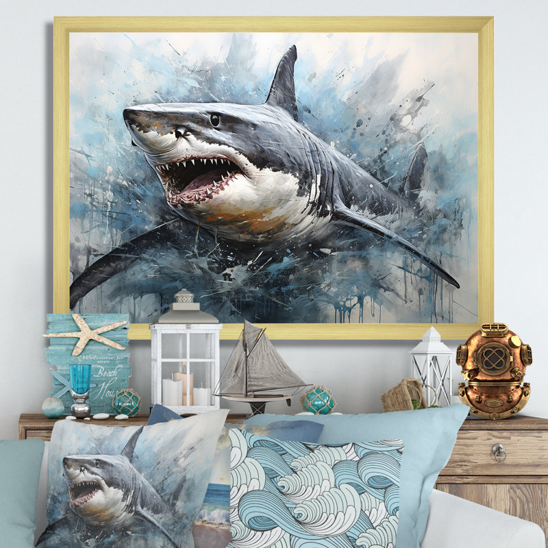 Minimalism Blue Shark Painting - Shark Wall Art, Gold Single Picture Framed, 34" H x 44" W x 1.5" D