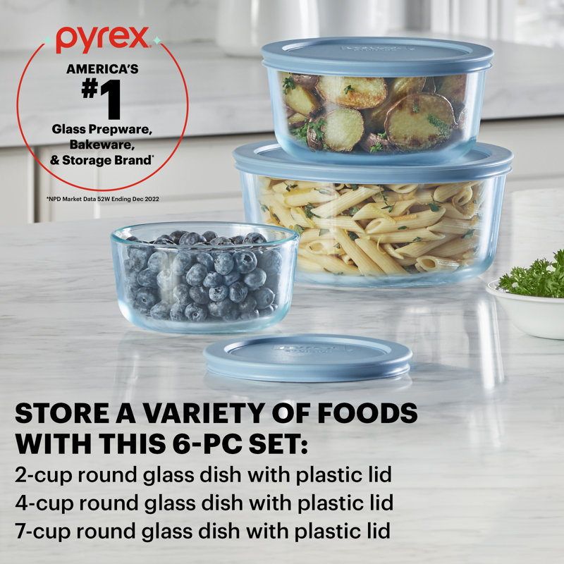 Pyrex Simply Store Tinted 3-Pack Round Storage Set with Plastic Lids, Blue