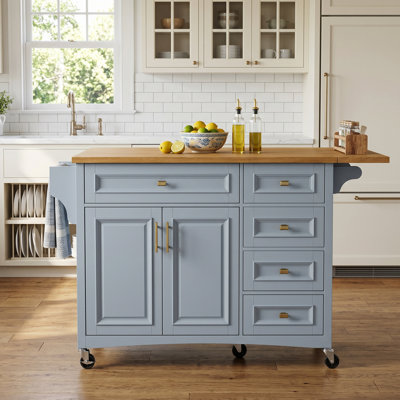 Îlot de cuisine de 52 po avec abattant, îlot de cuisine à roulettes en relief, bleu et gris, tablette réglable pour la cuisine, porte-épices, porte-serviettes, 2 portes et 5 tiroirs