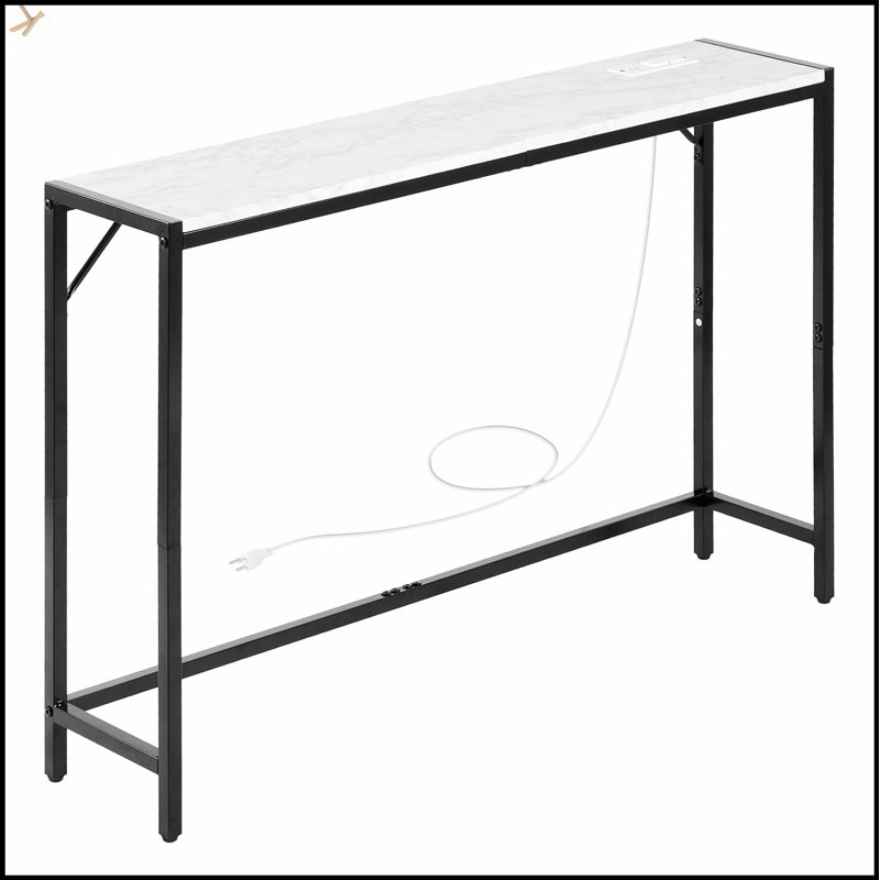 Marble Console Table Modern Narrow Long With Power Outlet, Perfect For Hallways And Behind Sofas, Space-Saving And Stylish