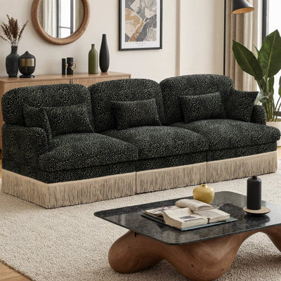 100" Comfy Leopard Print Chenille 3-Seater Sofa with Delicate Tassel Trim, Modern Modular Sectional Couch, Deep Seat & Ergonomic Back Design, Easy Assembly for Living Room