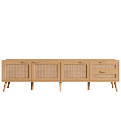Meuble télé moderne de 70 pouces avec portes en rotin pour téléviseurs jusqu'à 78 pouces, console multimédia avec espace de rangement, 2 tiroirs et passe-câbles, centre de divertissement pour salon