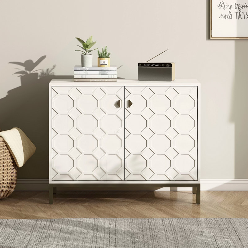 Rangement d'appoint moderne avec finition lustrée blanc moderne de 31,88 po de hauteur avec tablettes et revêtement métallique doré