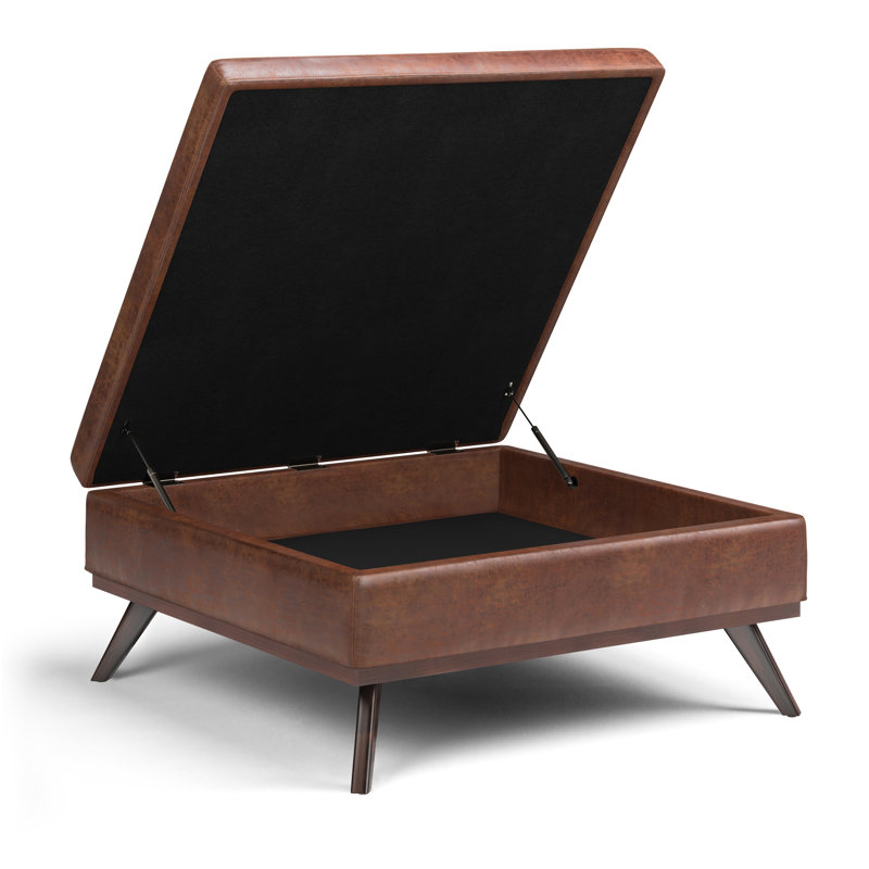 Owen 40"W Upholstered Mid-Century Modern Square Lift-Top Ottoman with Ample Storage, Distressed Saddle Brown