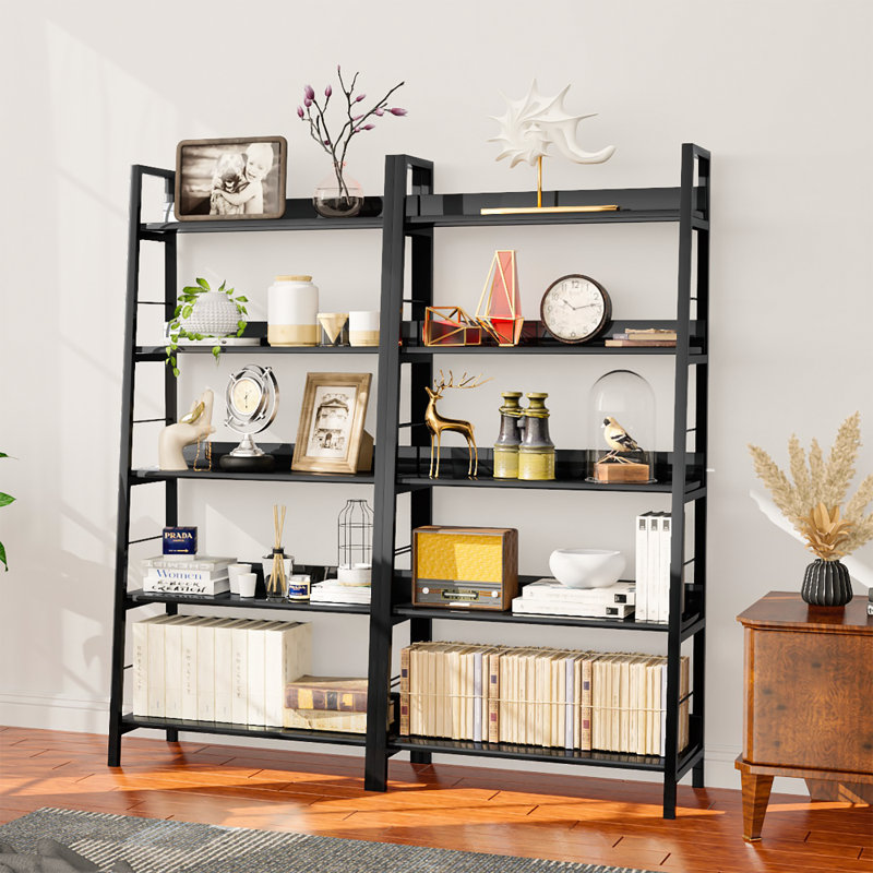 Industrial Ladder Shelf, Rustic 5 Tier Leaning Bookshelf, Wood Metal Ladder Bookcase, Plant Flower Stand Rack Book Storage Shelves For Living Room, Bedroom, Home Office