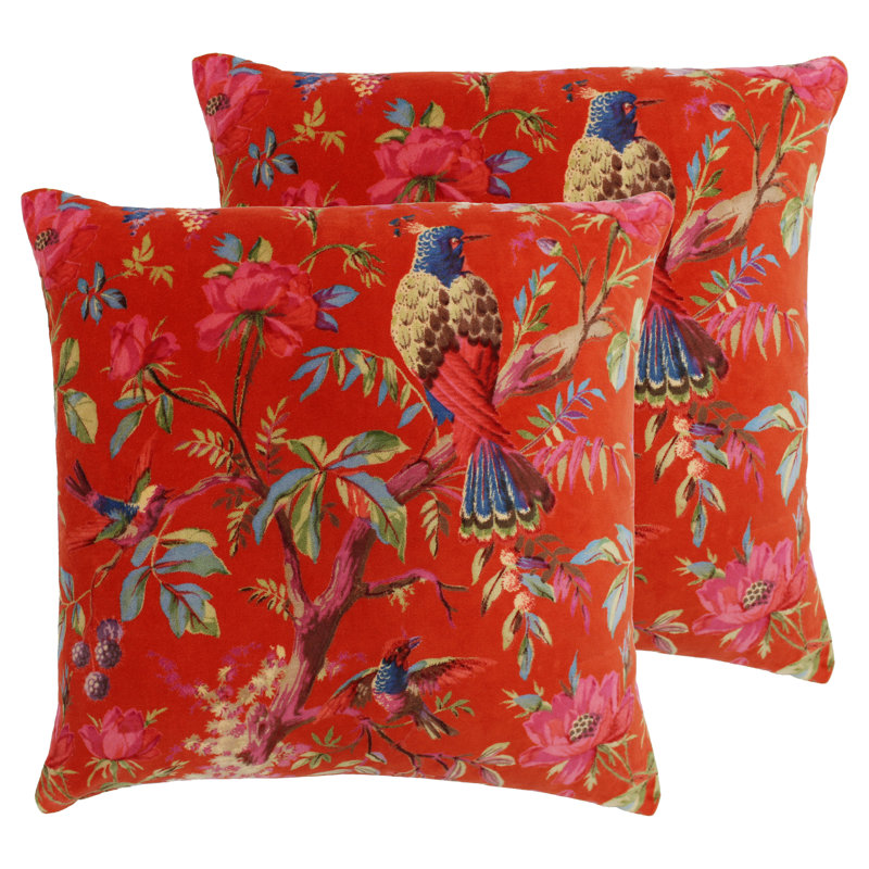  Floral Cotton Velvet Filled Cushion Twin Pack, Orange