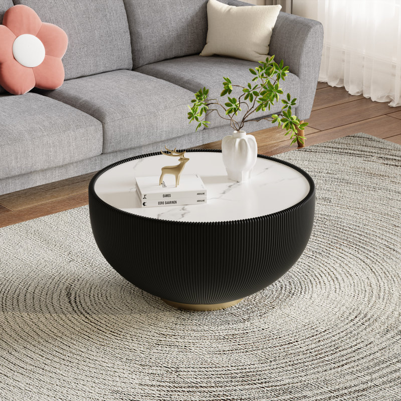 Modern Round Coffee Table, 27.55" Bowl Shaped Fluted Coffee Table with White Top & PU Leather Covered & Gold Metal Base Modern Coffee Cocktail Center Tables for Living Room