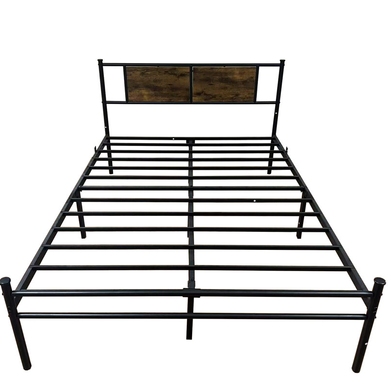 Structure de lit double avec tête de lit en métal noir et bois brun - construction, sommeil tranquille, grand lit d'une capacité de 900 lb pour tous les matelas, espace sous le lit