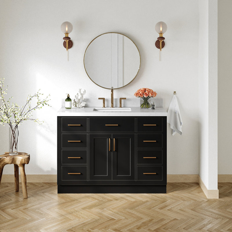 Ensemble de meuble-lavabo simple en bois massif 48 po avec lavabo en quartz Carrara de 1,5 po Tidworth, Chêne noir