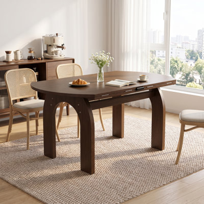 51.2" Solid Wood Extendable Dining Table, Converts Oval to Round with Walnut Finish, Sturdy Arch-Shaped Legs & Drop Leaf Design, Farmhouse Kitchen Table