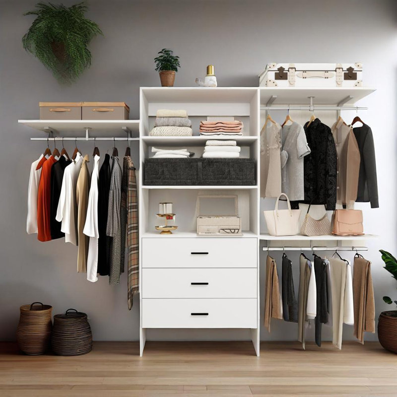 Armoire-penderie moderne blanche avec 6 tablettes et 3 tiroirs
