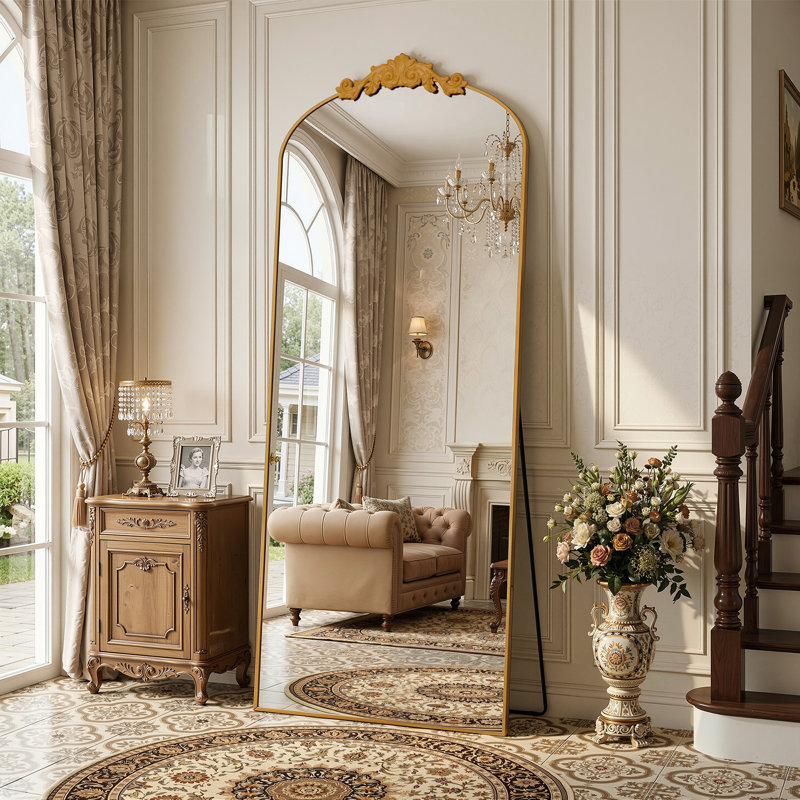 Vintage Arched Full Length Mirror with Carved, Oversized Floor Mirrors for HomeDecor, Gold, 71" x 28"