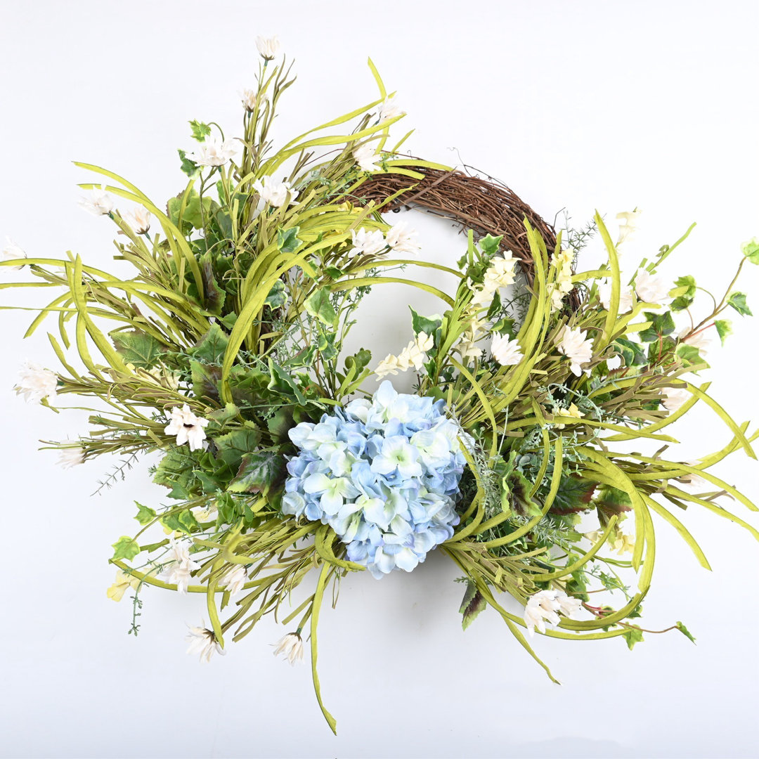 Handcrafted Faux 26'' Hydrangea Floral Wreath for Front Door The Holiday Aisle® Wreath 