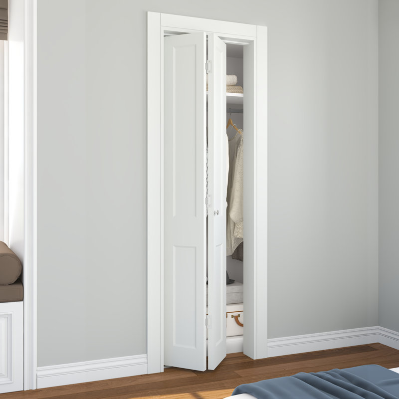 Porte de placard pliante 24 po x 80 po à 2 panneaux en composite blanc lisse avec apprêt intérieur à noyau creux et bouton rond en nickel teinté