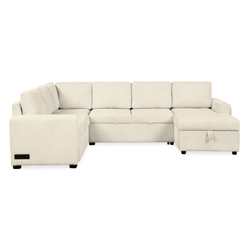 Lit escamotable beige avec méridienne modulaire en U et rangement pratique