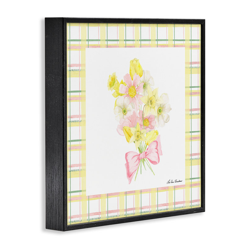 «Spring Daffodils on Plaid Giclee» par Lee Ann Sanders, Giclée encadrée noir minuit, H 12 po x l 12 po