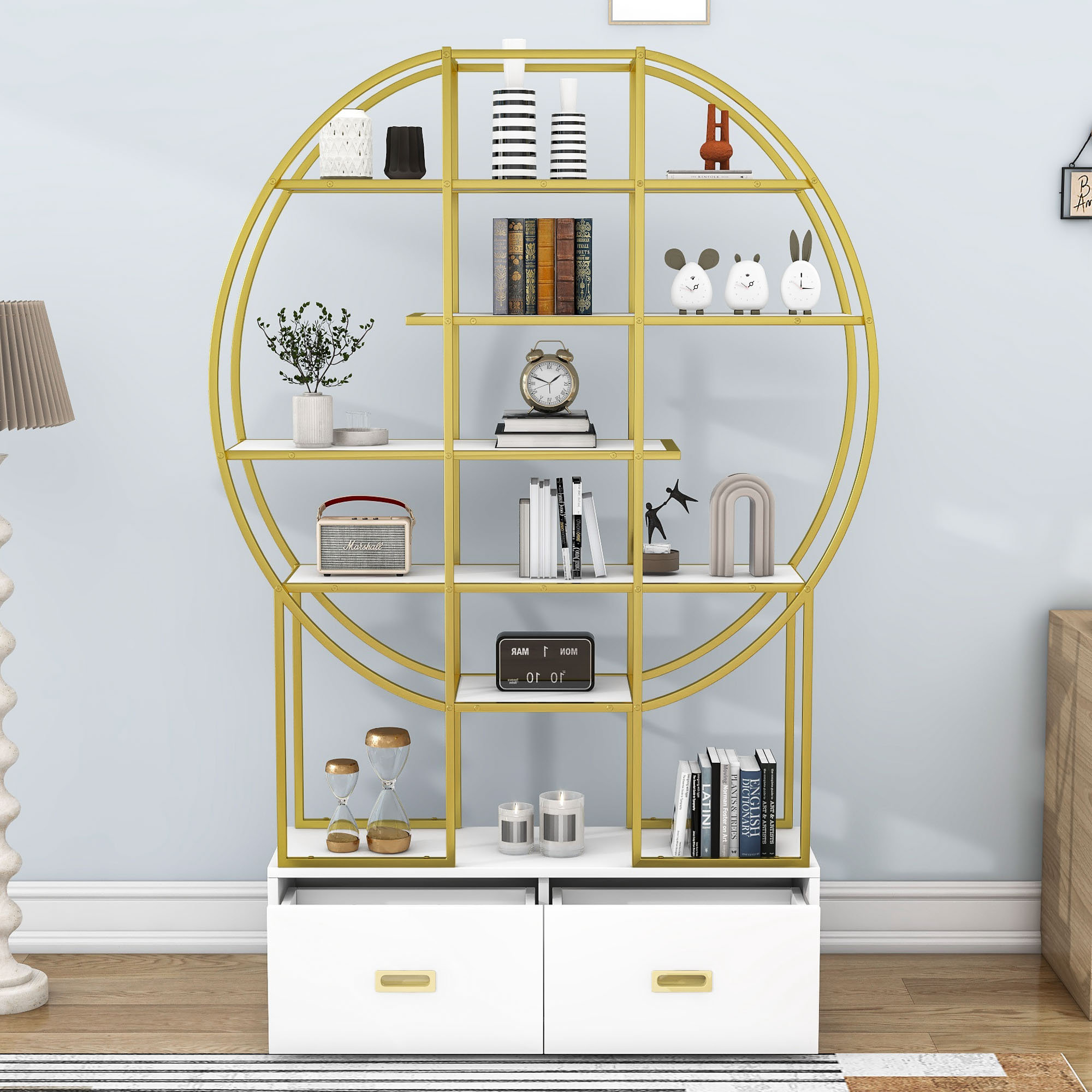 Mercer41 Altabelli 2 Drawers Round Bookshelf with Metal Frame for Home