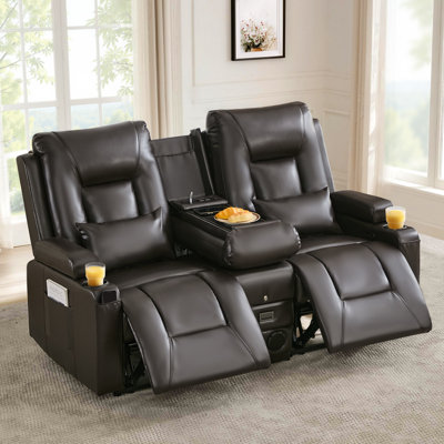 Manual Reclining Loveseat Sofa With Flip-Top Center Console, Charging Ports, Bluetooth Speakers And Cup Holders by Latitude Run