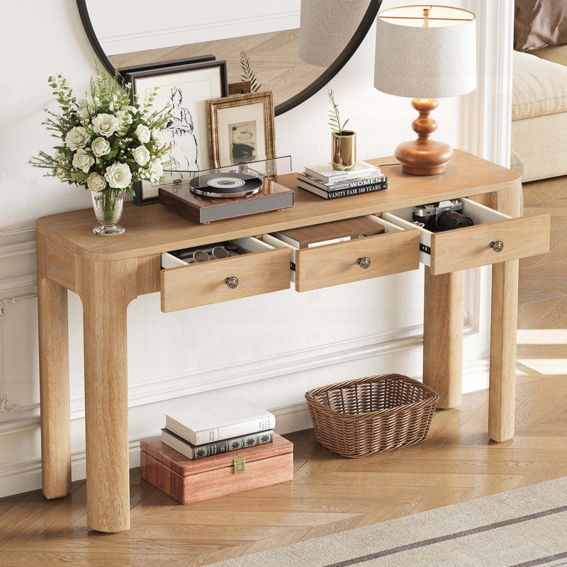 Console rustique avec coins arrondis et 3 tiroirs (chêne clair), Bois de chêne