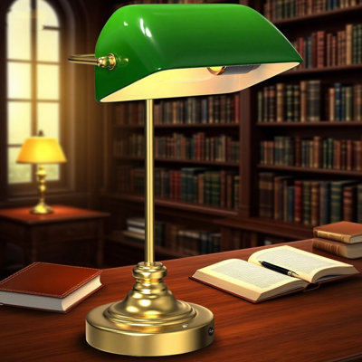 Lampe de bureau banquiers sans fil rechargeable avec lampe de table bibliothèque rétro-gradable à 3 niveaux USB-C, abat-jour en verre vert pour bureau à domicile