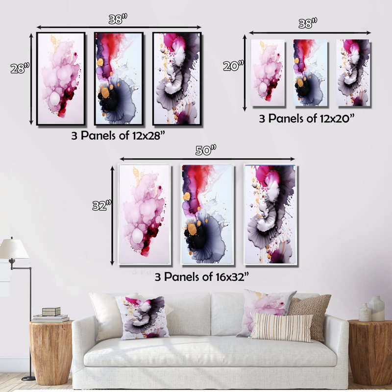Exquisite Fluidity Magenta Ink Clouds - Abstract Painting Art Set Of 3 Pieces, H 28 po x l 36 po, Cadre blanc