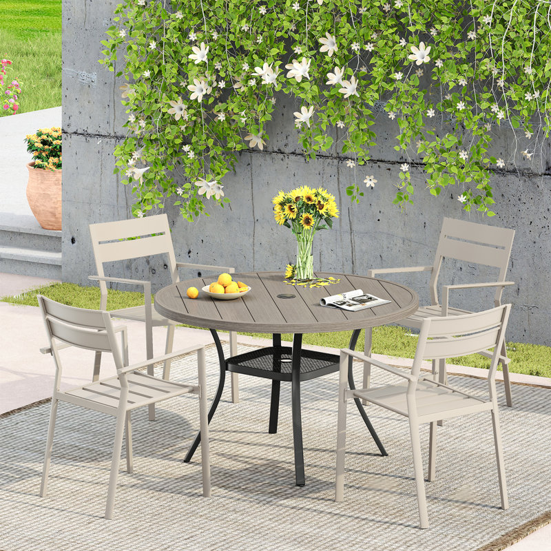 Patio dining set with Round Metal Dining Table and 4 Metal Armrest Dining Chairs, Brush Wood Gray/Cream